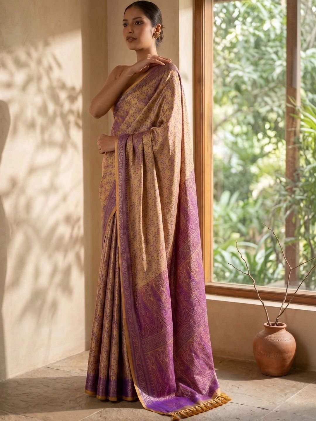 Golden Katan Silk Tanchoi Banarasi Saree with Blue Buti