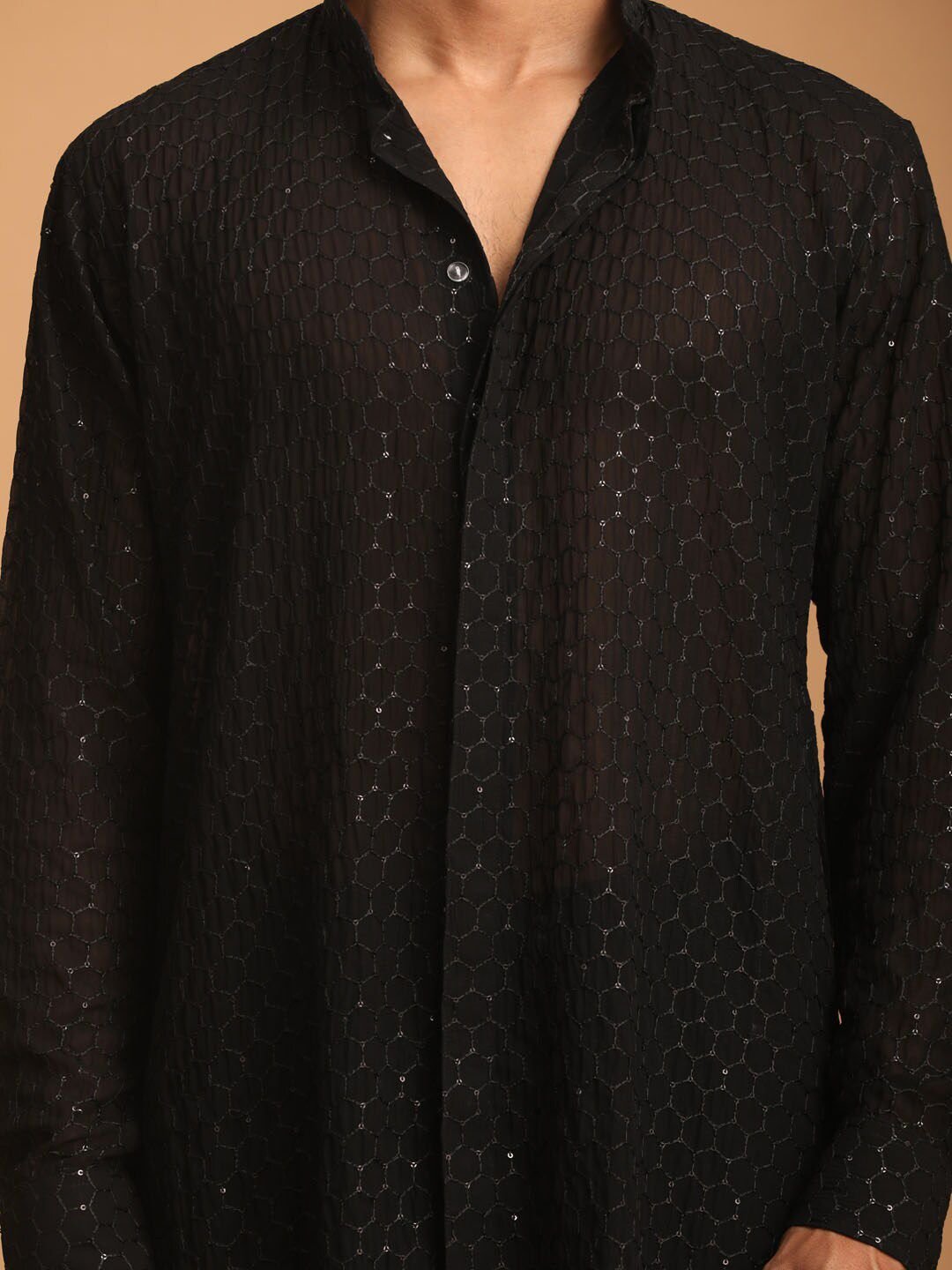VASTRAMAY Men Georgette Sequence Semi Sheer Kurta With Pyjama & Dupatta Set - Image 2