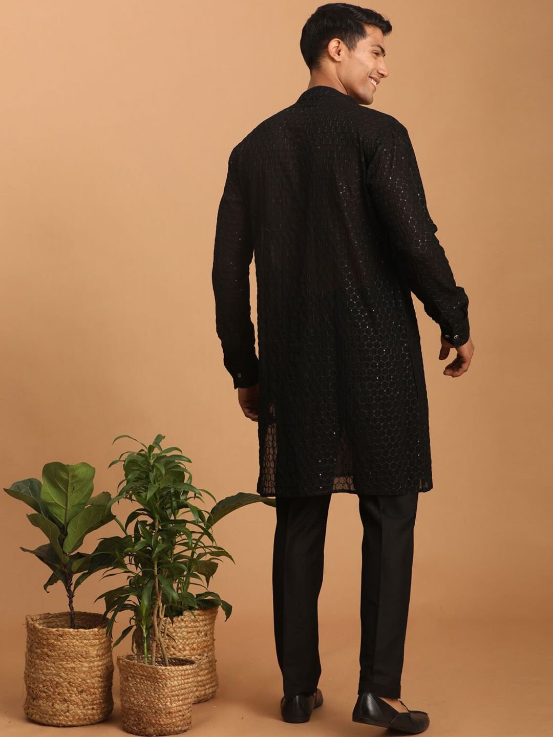 VASTRAMAY Men Georgette Sequence Semi Sheer Kurta With Pyjama & Dupatta Set - Image 4