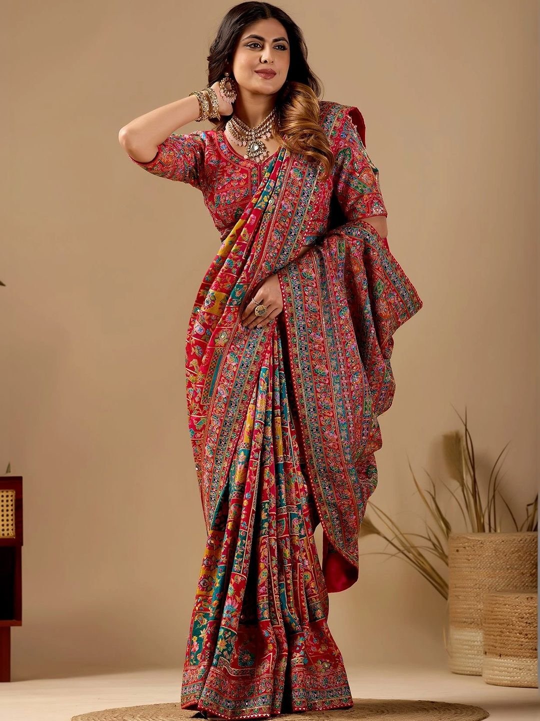 Paisley Embroidered Silk Blend Designer Banarasi Saree - Image 3