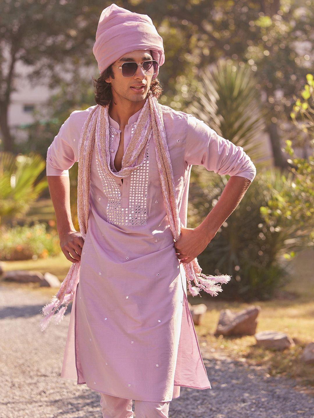 KISAH Geometric Embroidered Mirror Work Straight Kurta With Churidar And Dupatta