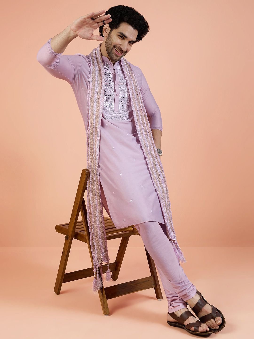 KISAH Geometric Embroidered Mirror Work Straight Kurta With Churidar And Dupatta - Image 2