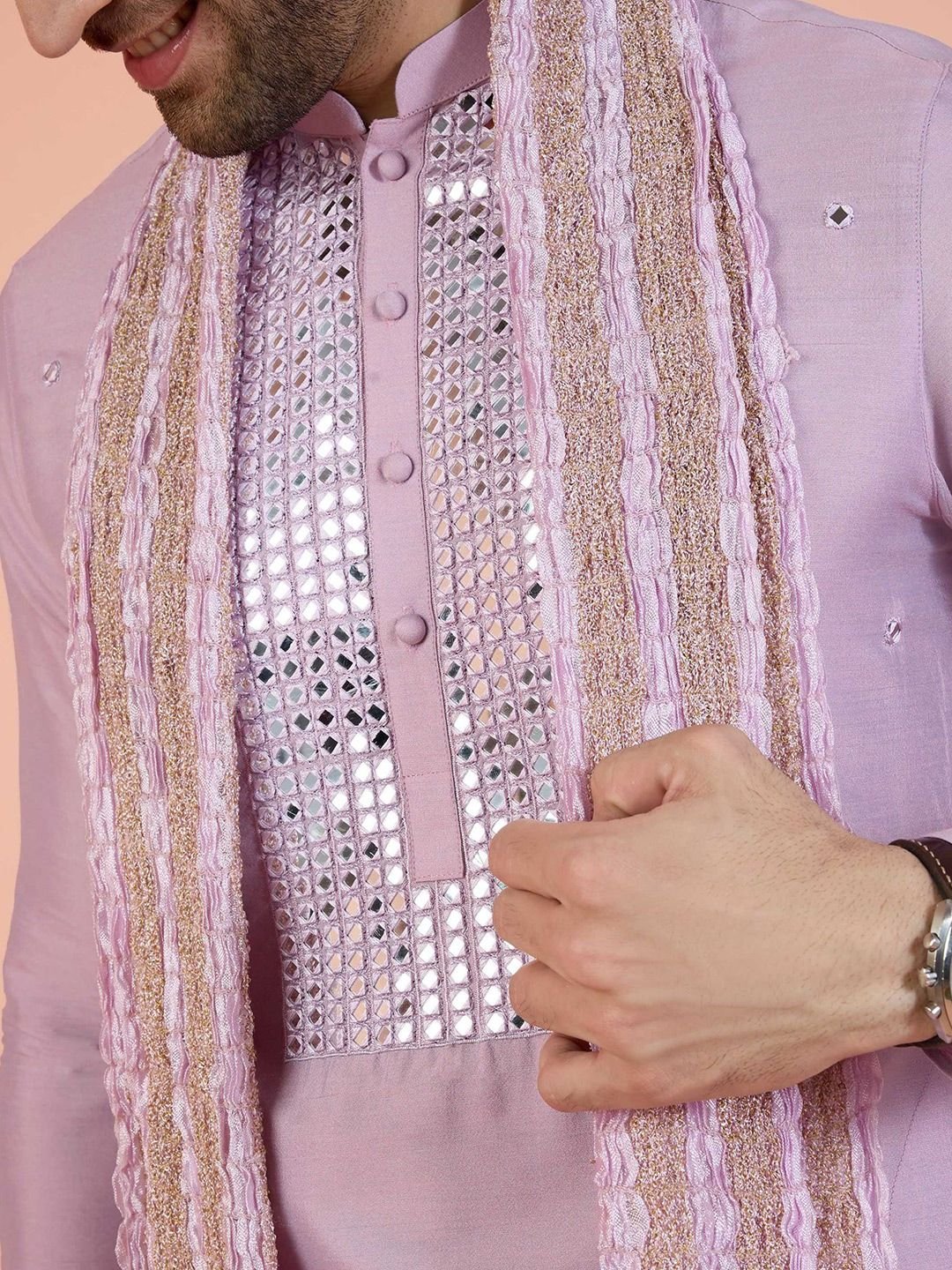 KISAH Geometric Embroidered Mirror Work Straight Kurta With Churidar And Dupatta - Image 3