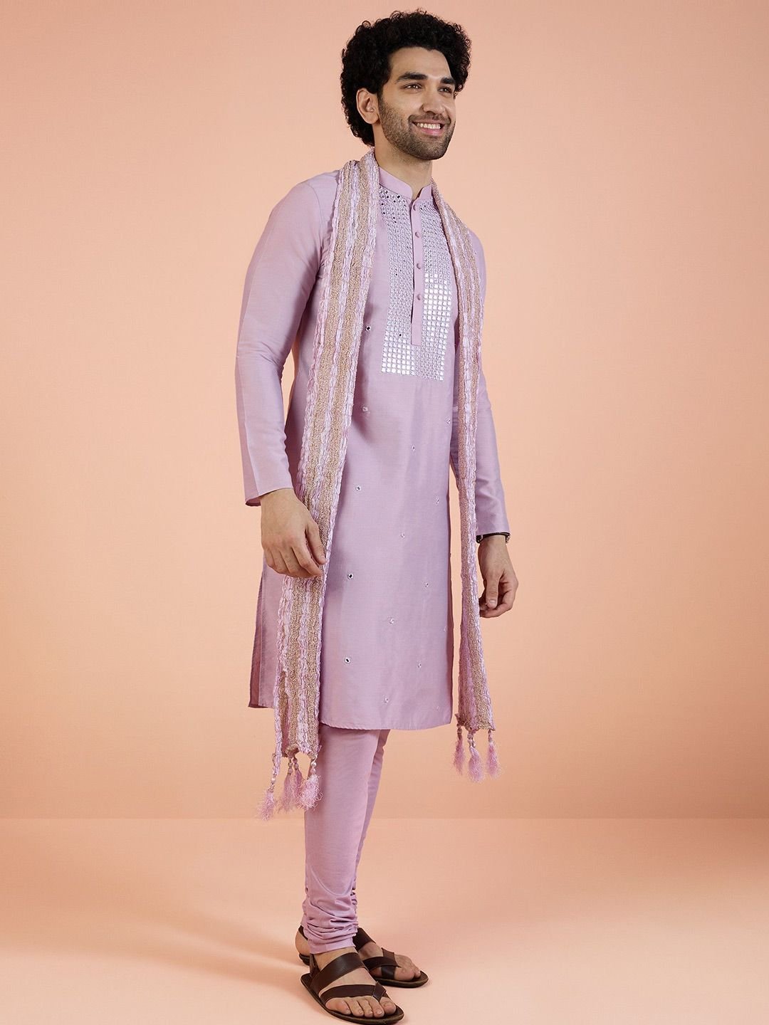 KISAH Geometric Embroidered Mirror Work Straight Kurta With Churidar And Dupatta - Image 4