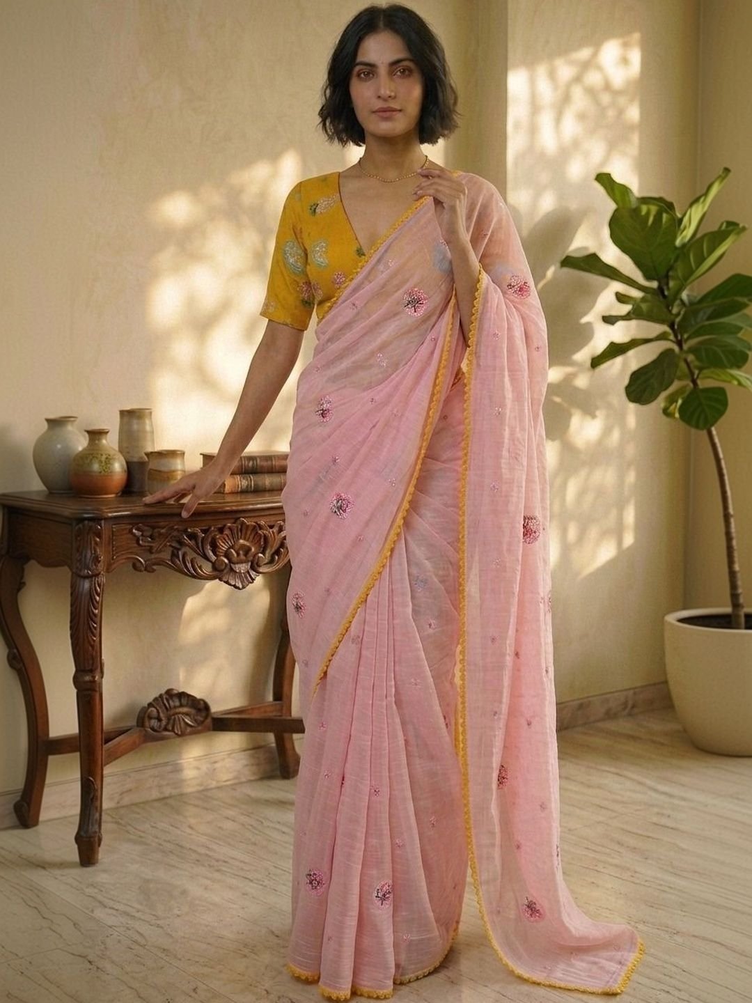 Ready To Wear Charming Pastel Pink Floral Motifs Mul Chanderi Saree