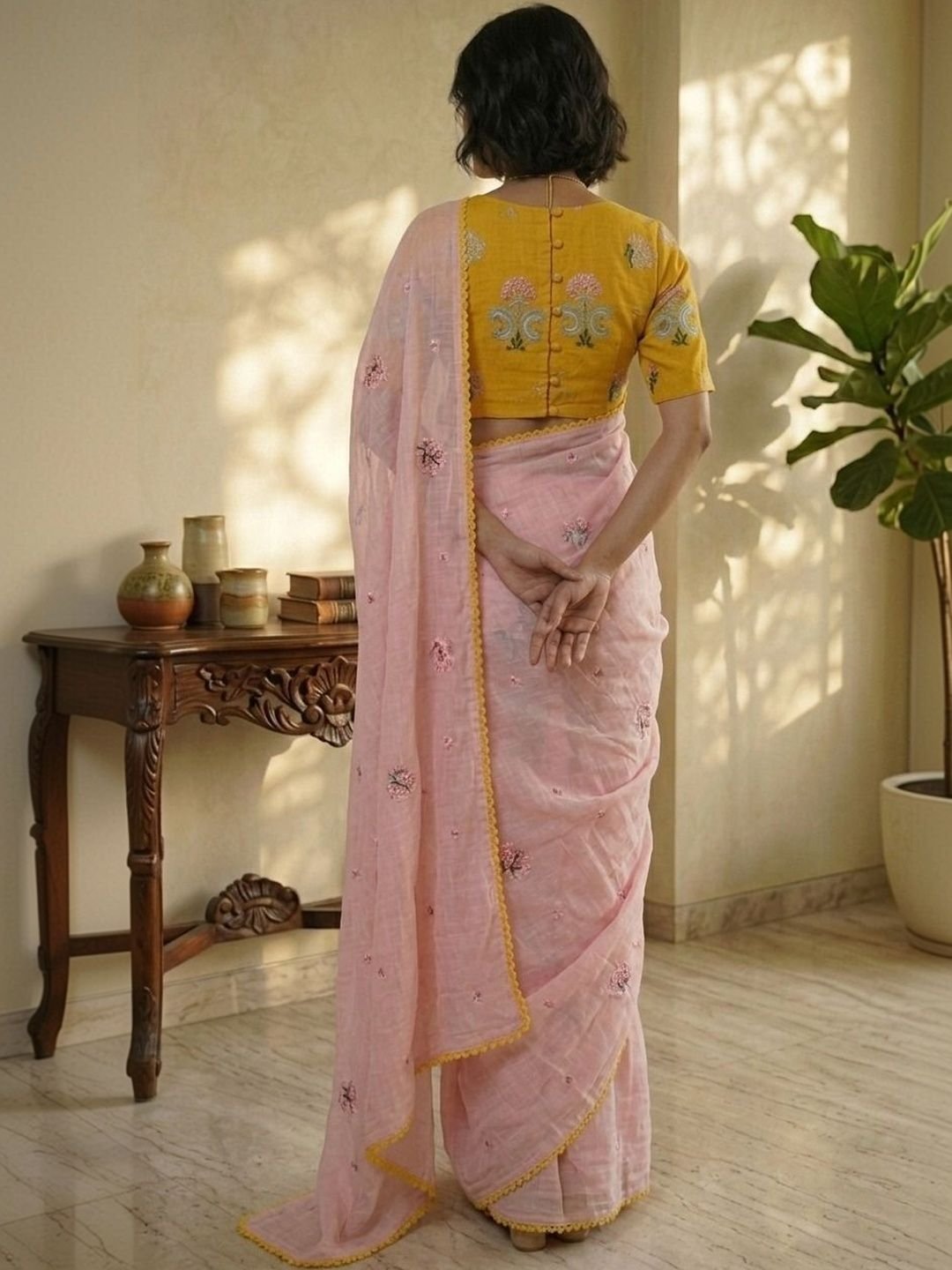 Ready To Wear Charming Pastel Pink Floral Motifs Mul Chanderi Saree - Image 2