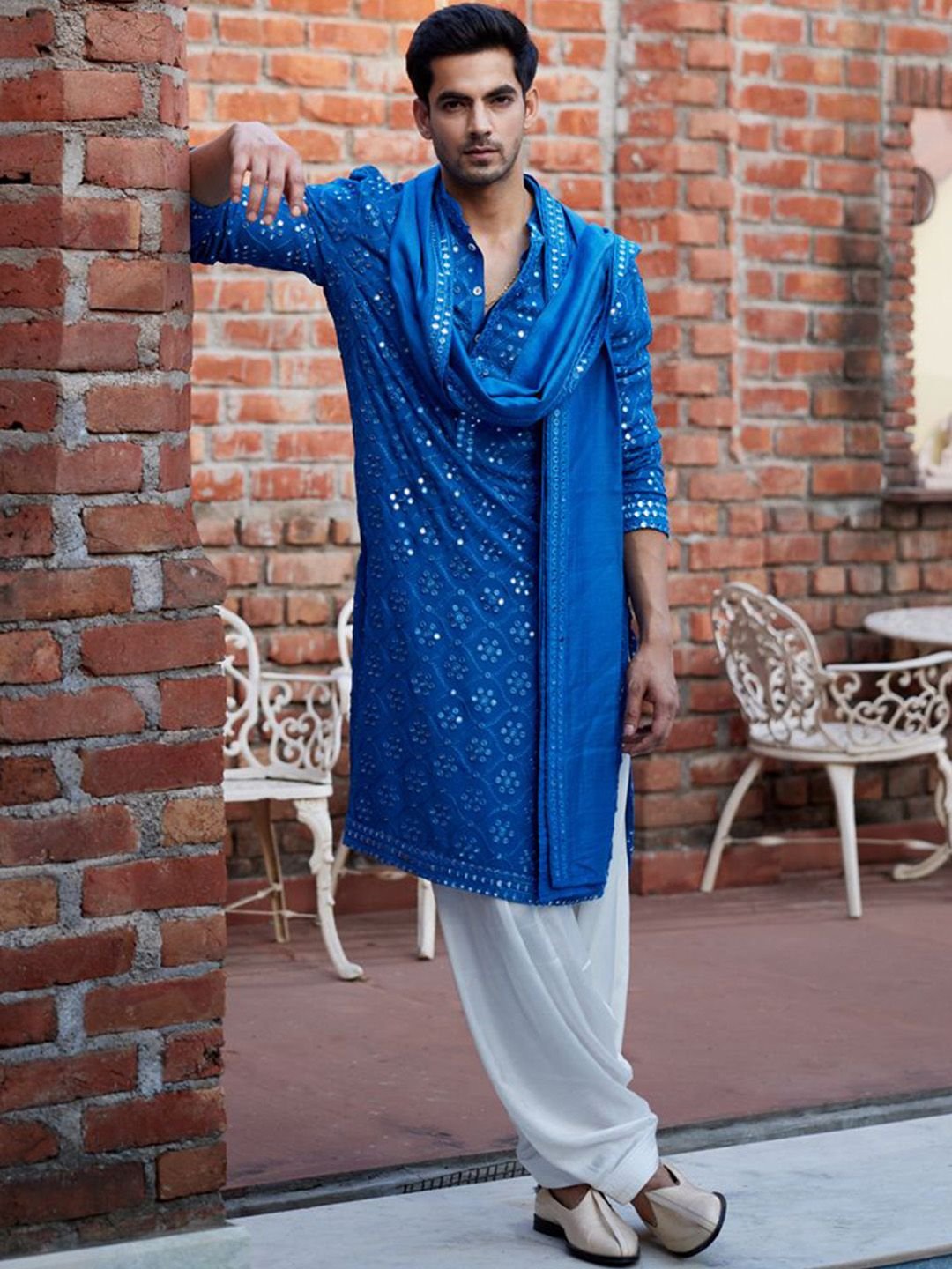 Ankit V Kapoor Floral Embroidered Mirror Work Straight Kurta With Salwar & Dupatta