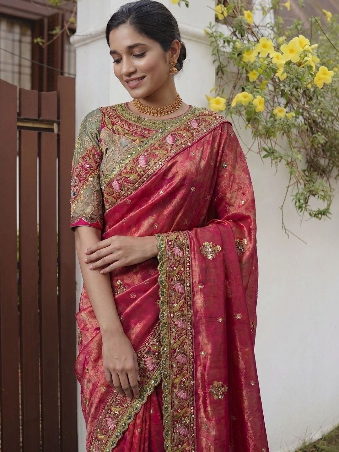 Ethnic Motifs Embroidered Tissue Heavy Work Banarasi Saree - Image 2