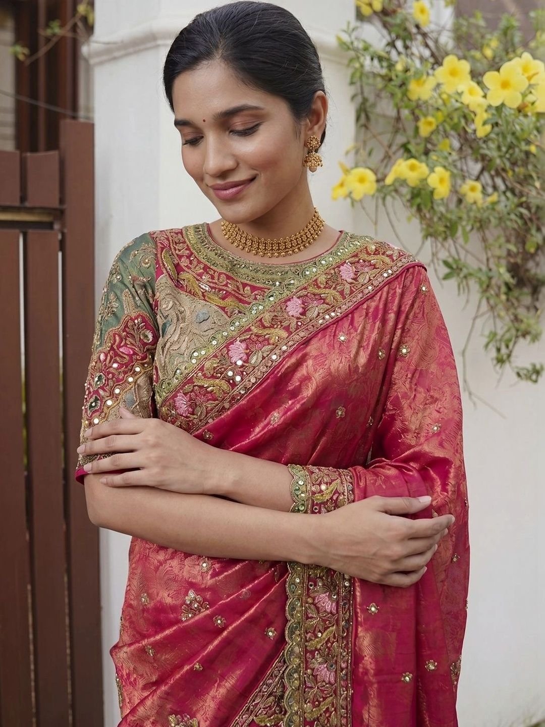 Ethnic Motifs Embroidered Tissue Heavy Work Banarasi Saree - Image 3