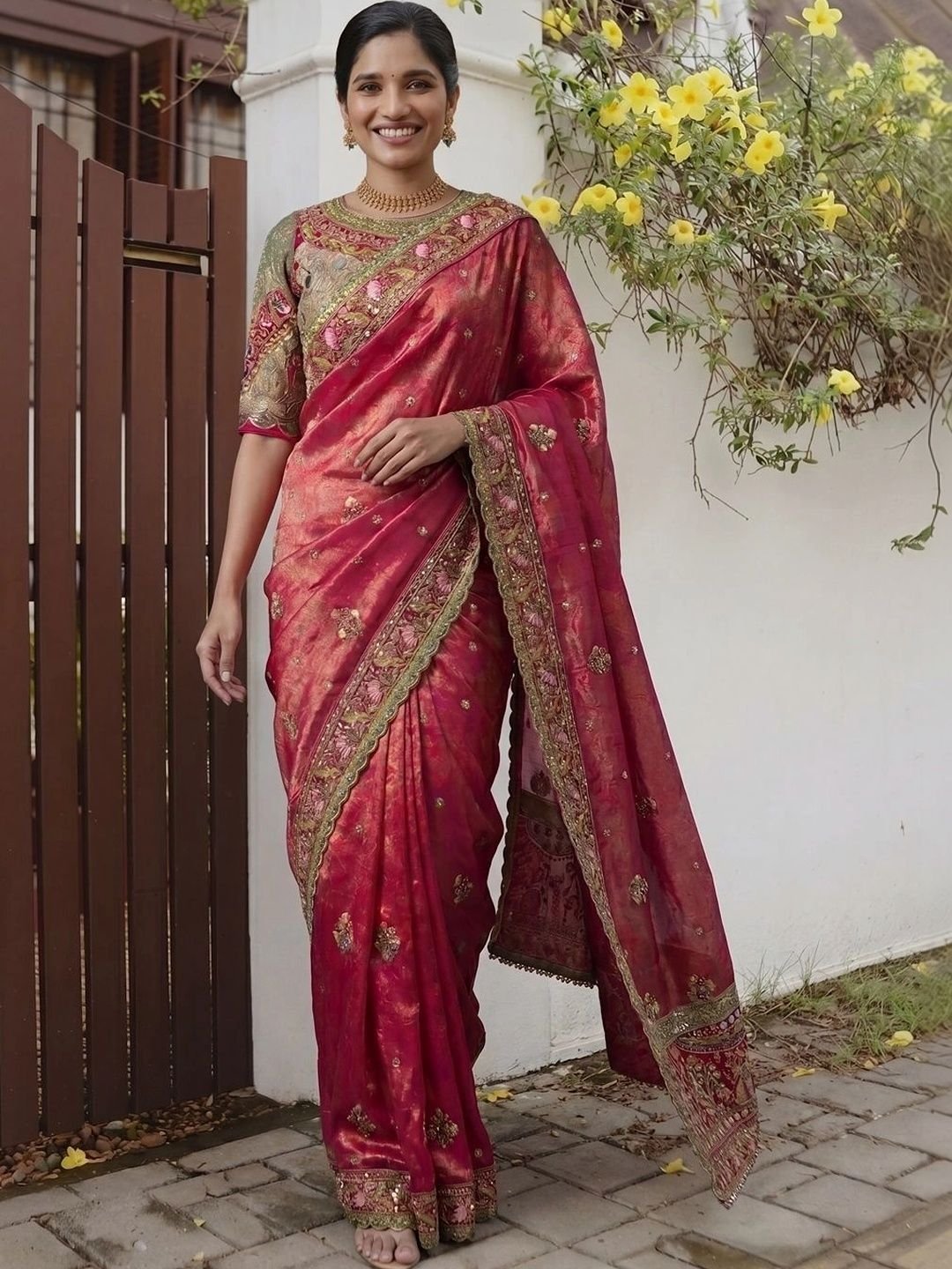 Ethnic Motifs Embroidered Tissue Heavy Work Banarasi Saree - Image 4