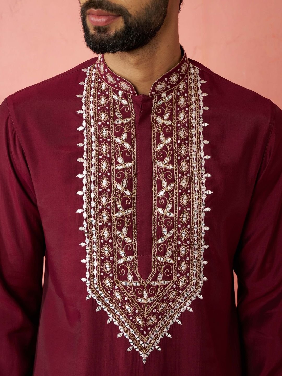 VASTRAMAY Men Ethnic Motifs Embroidered Regular Thread Work Chanderi Cotton Kurta with Trousers - Image 2
