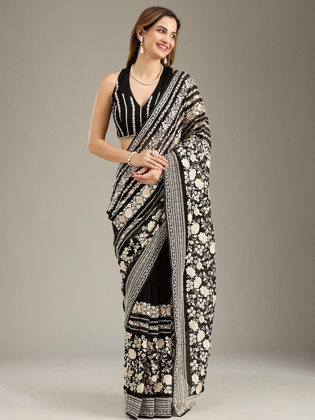 Threadwork Black Georgette Saree With Unstitched Blouse