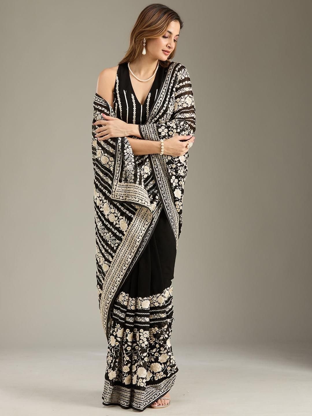 Threadwork Black Georgette Saree With Unstitched Blouse - Image 2