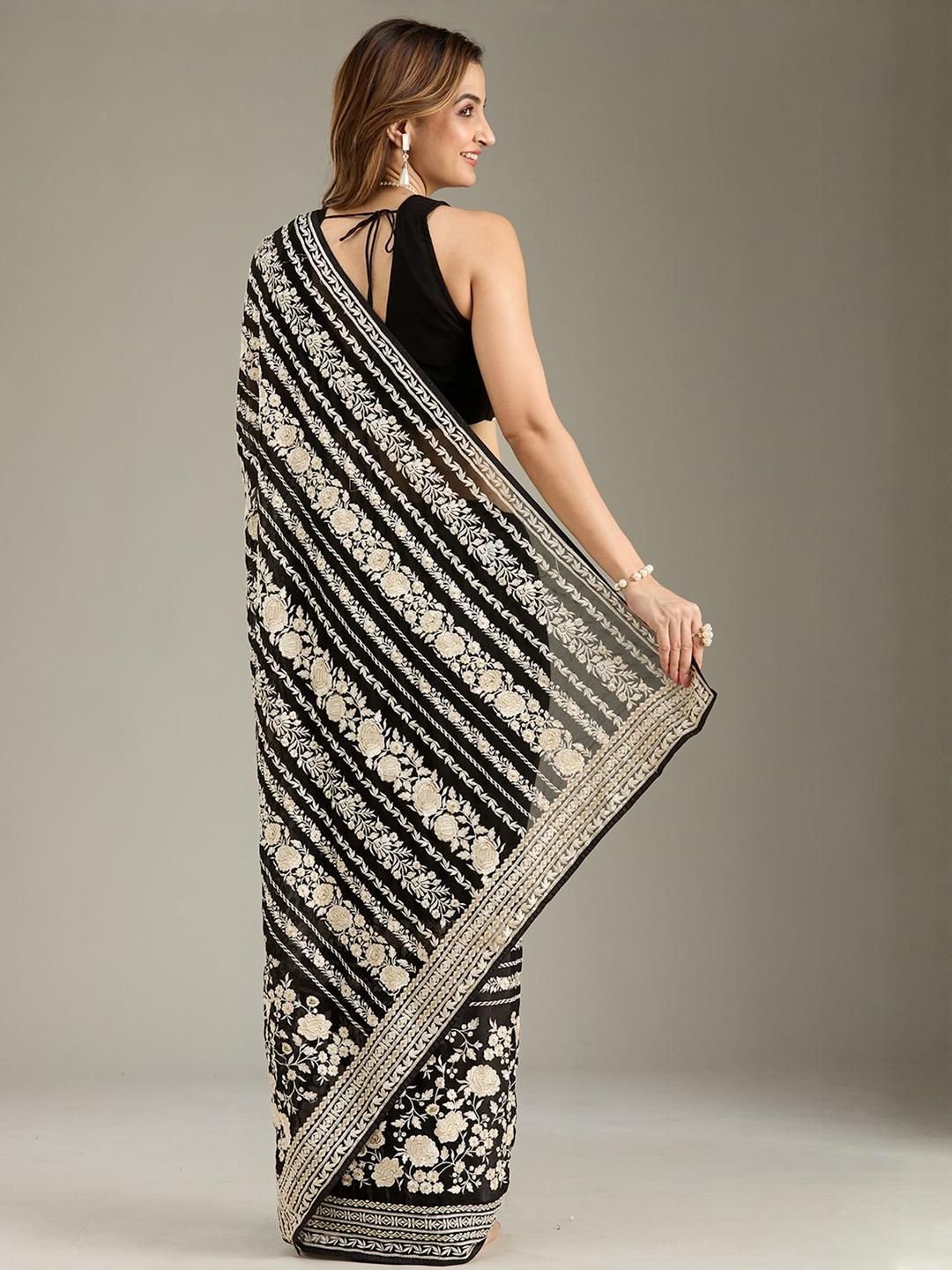 Threadwork Black Georgette Saree With Unstitched Blouse - Image 3