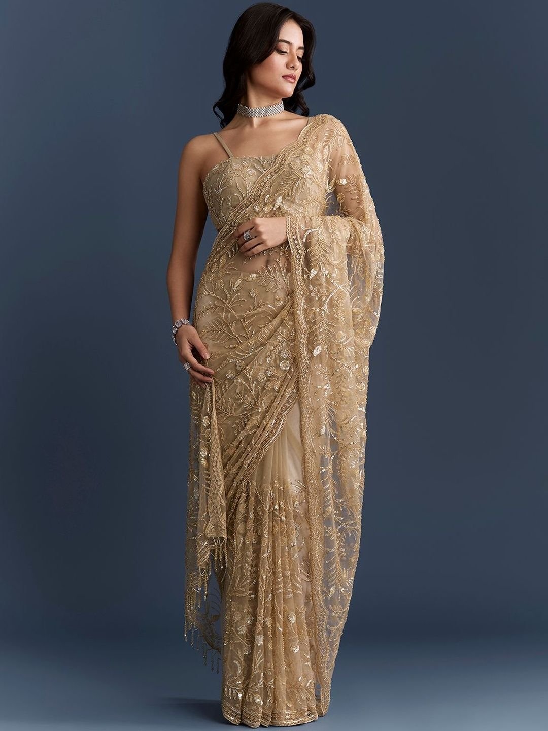 Embellished Sequinned Net Heavy Work Saree