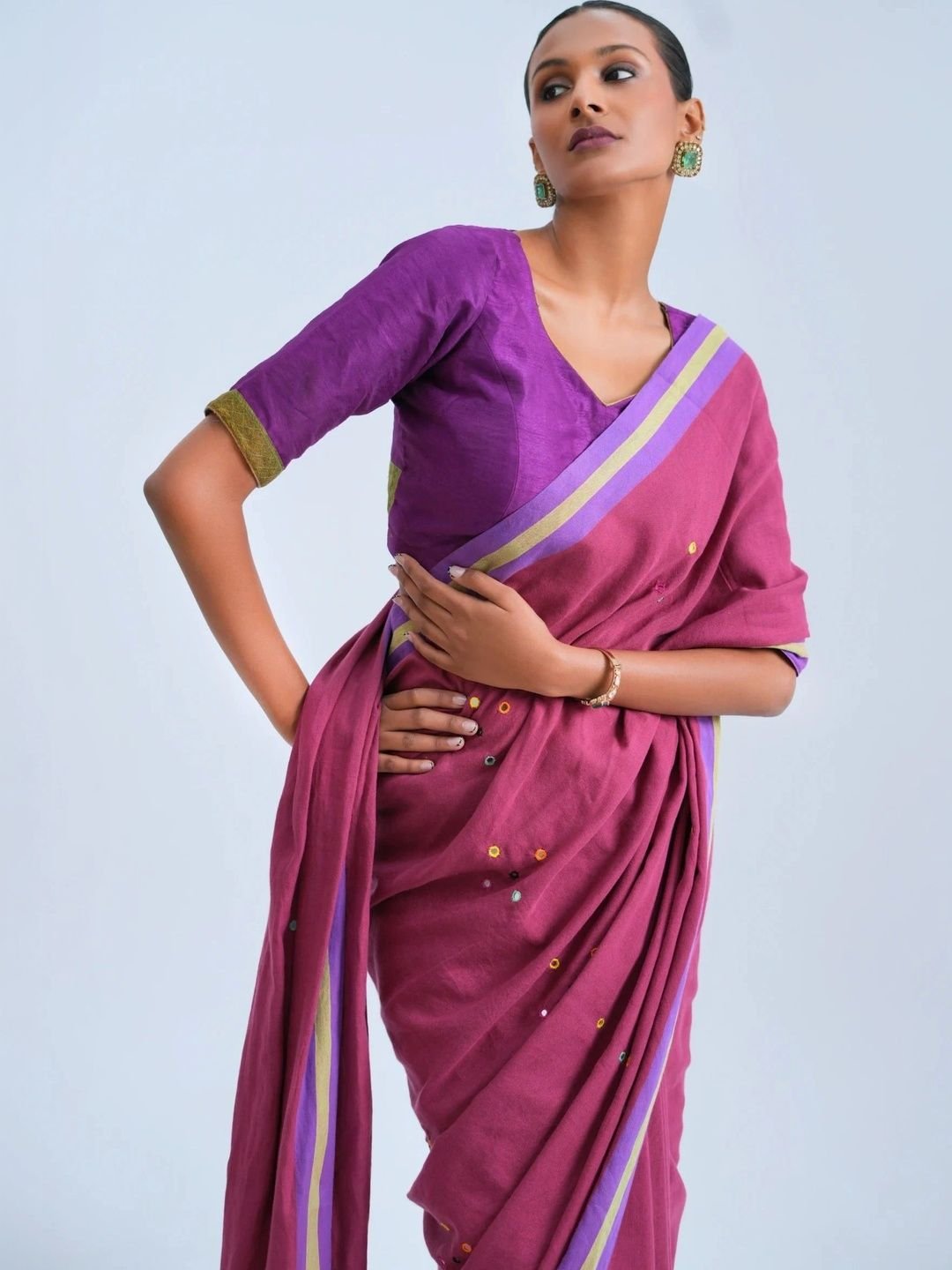 Striped Mirror Work Pure Cotton Narayan Peth Saree - Image 2