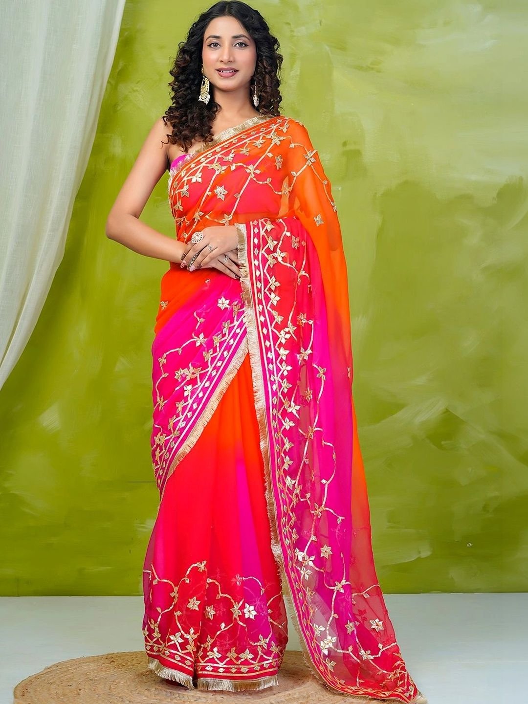 Pink & Orange Shaded Chiffon Saree with Gota Patti Jaal Work
