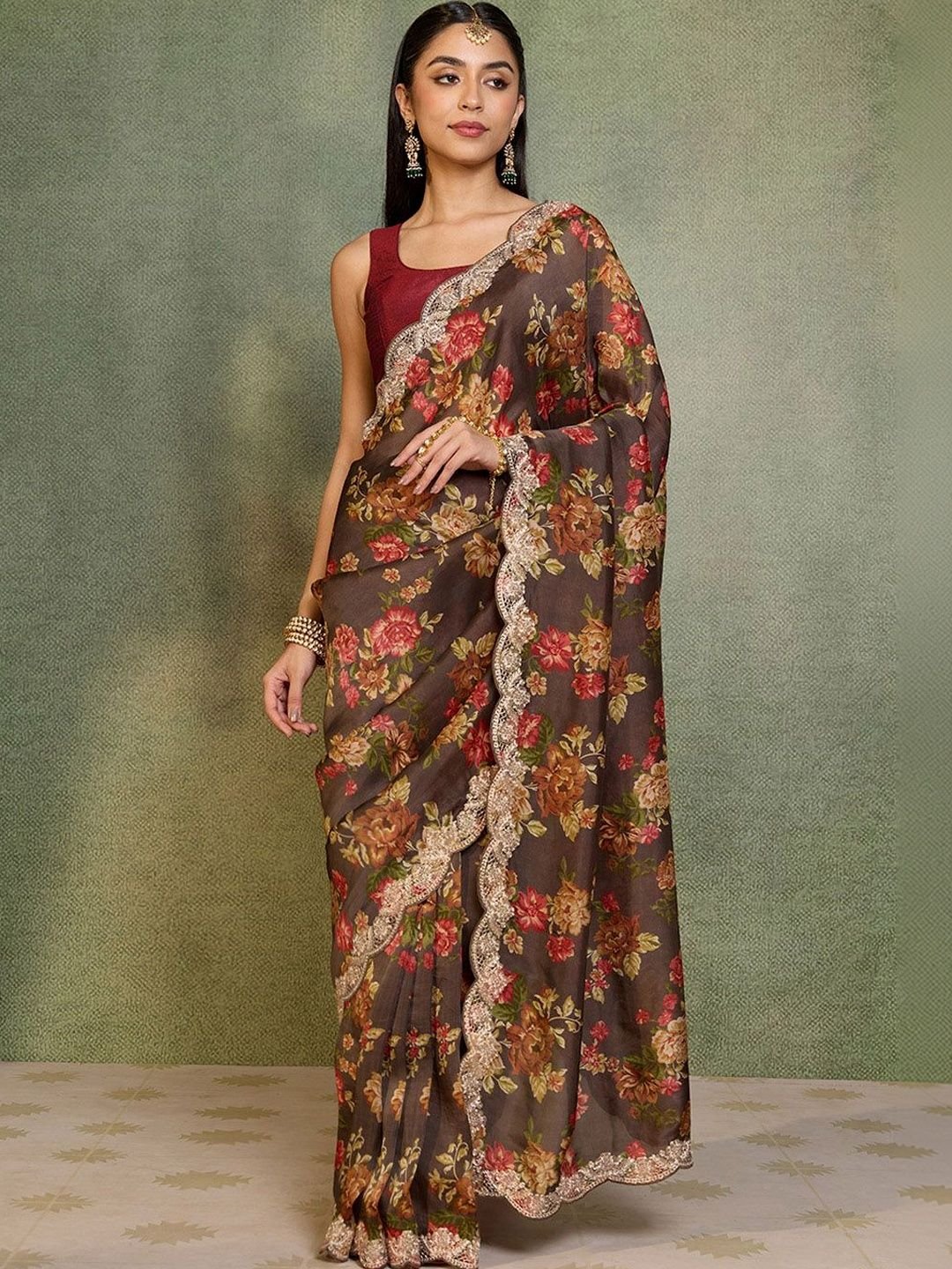 Floral Embroidered Block Print Saree