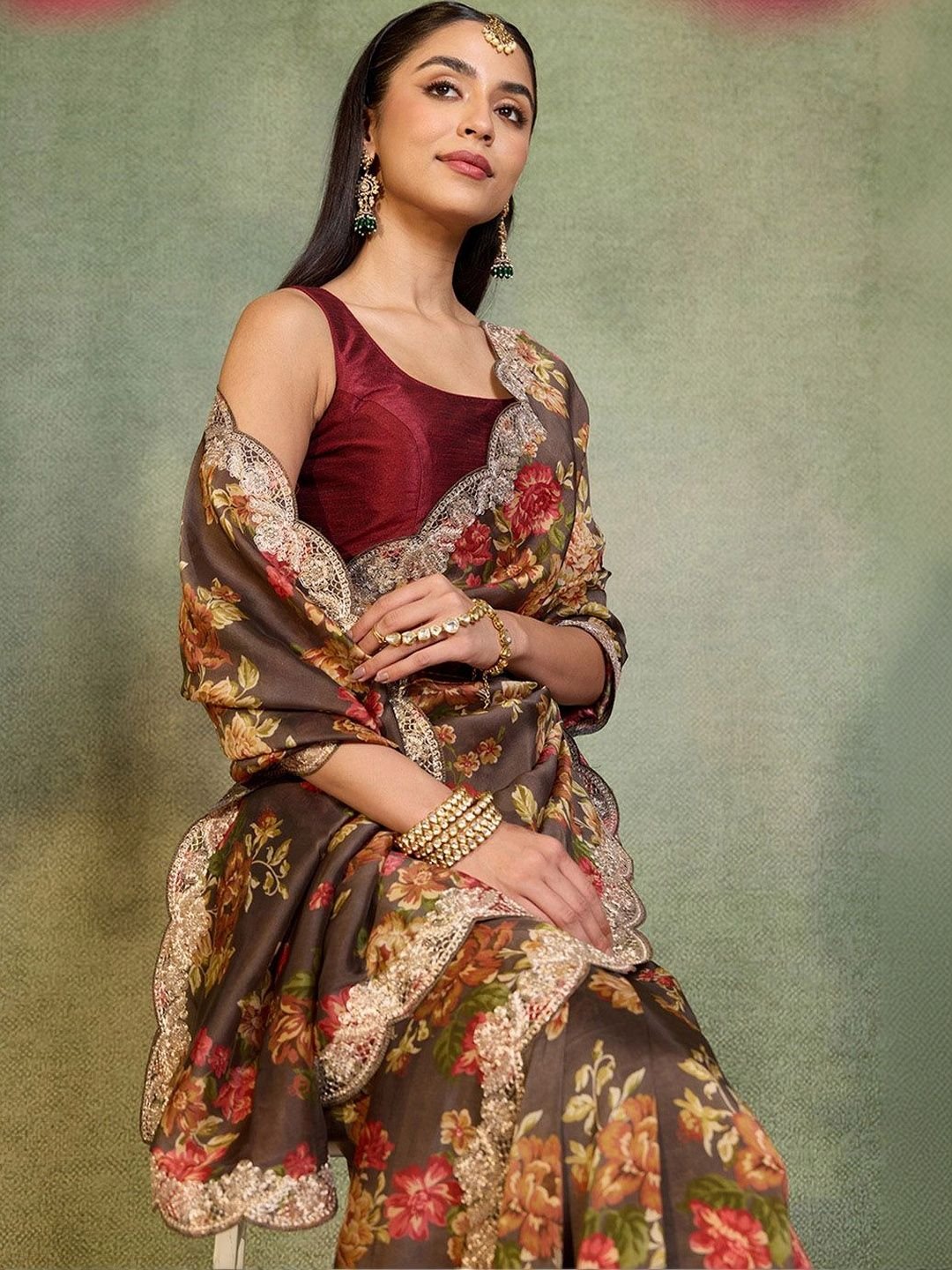 Floral Embroidered Block Print Saree - Image 2