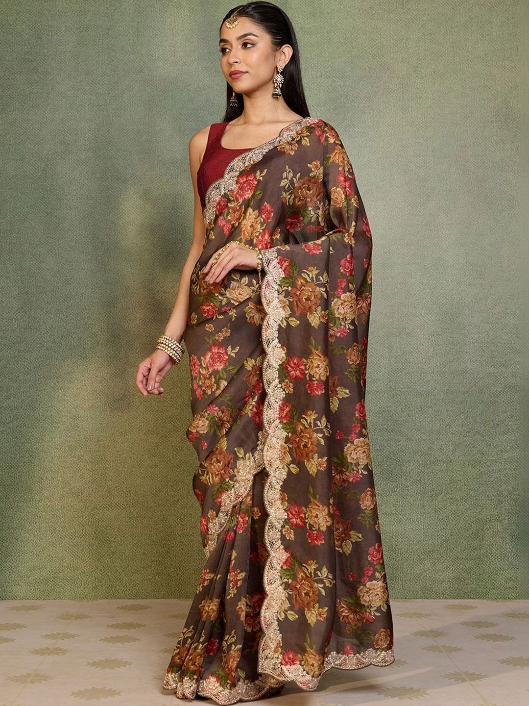 Floral Embroidered Block Print Saree - Image 3