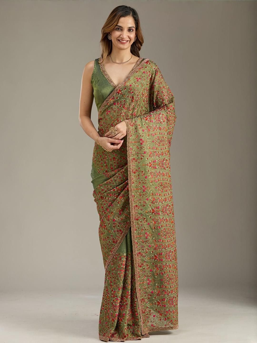 Kashmiri Green Tissue Saree With Unstitched Blouse
