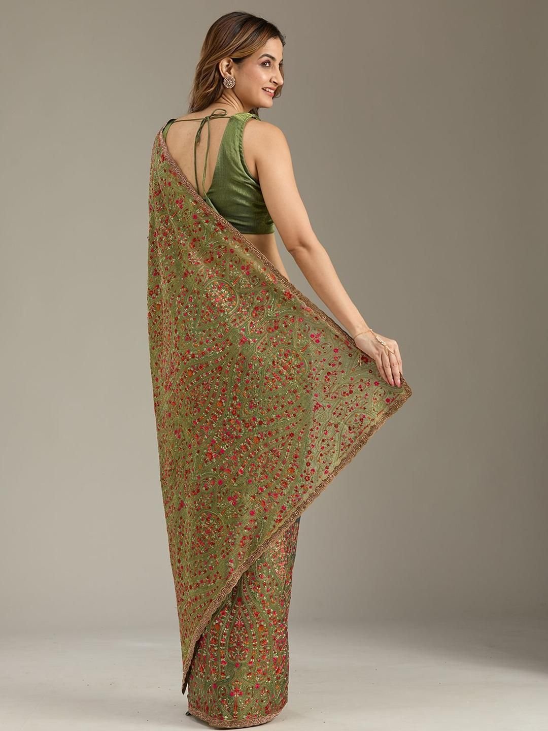 Kashmiri Green Tissue Saree With Unstitched Blouse - Image 3