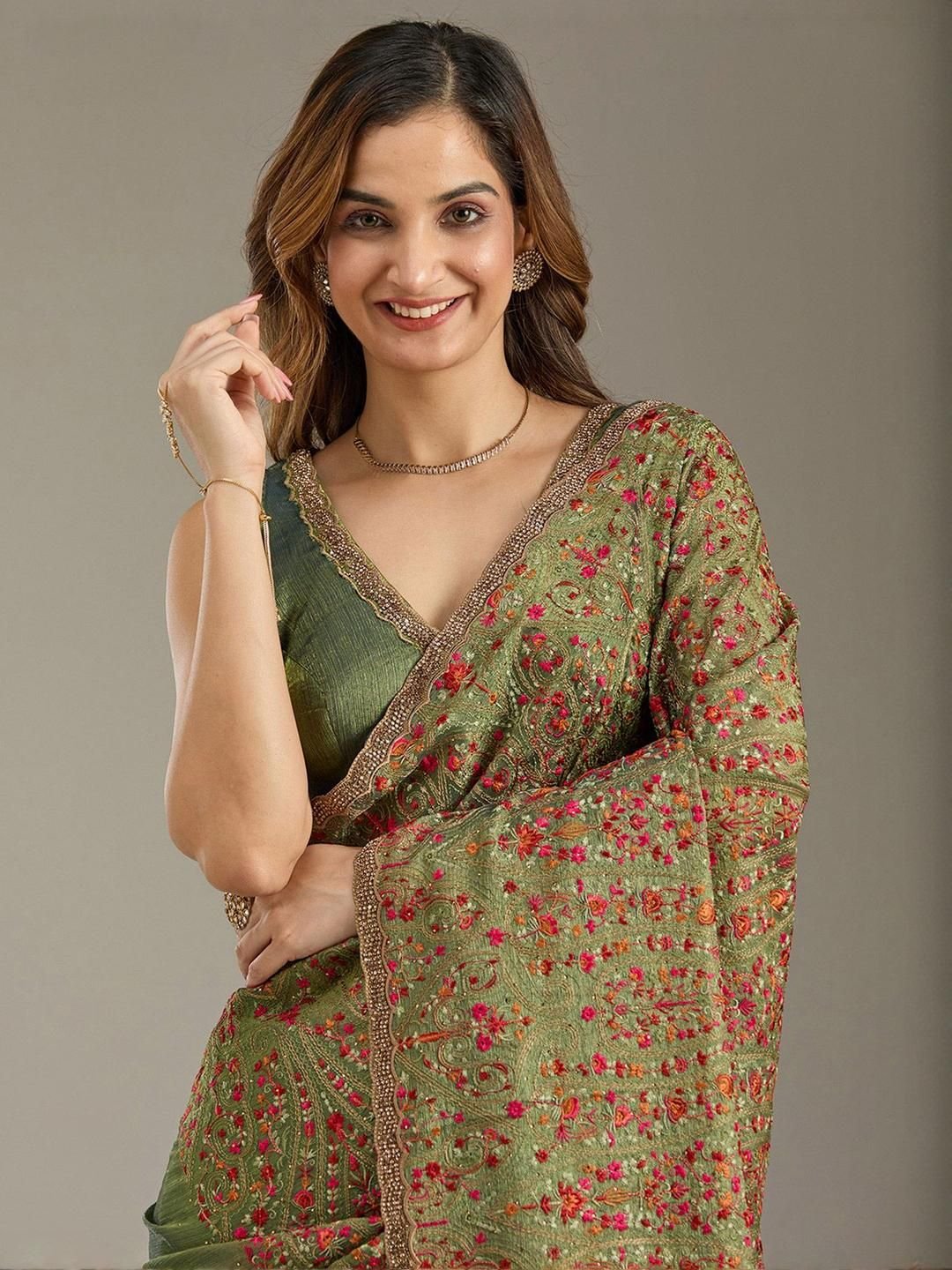 Kashmiri Green Tissue Saree With Unstitched Blouse - Image 4