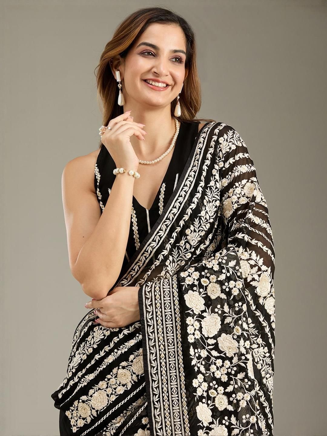 Threadwork Black Georgette Saree With Unstitched Blouse - Image 4