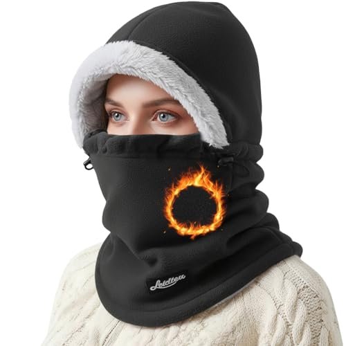 SANNIDHI® Winter Cap Full Face Mask Balaclava for Women Men Thermal Hat | Black Warm Cotton Hoodie Mask, Windproof Fleece Warmth, Drawstring Fit, Neck Protection for Riding Skiing Bikers and Outdoor