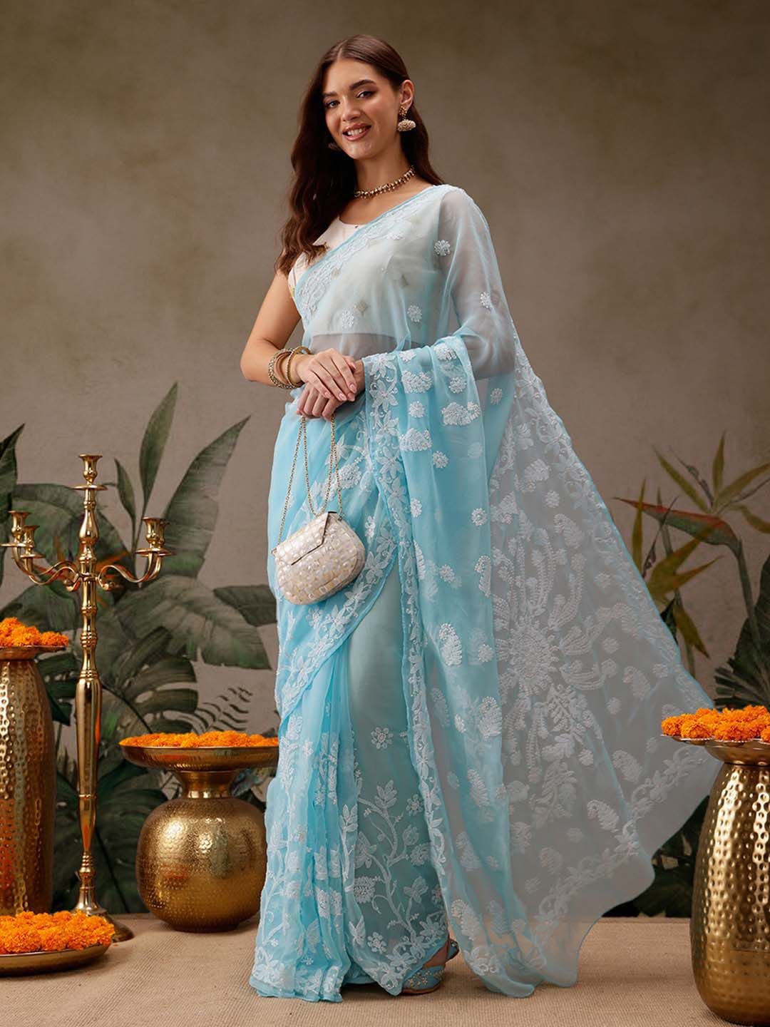 Blue & White Chikankari Embroidered Handloom Saree