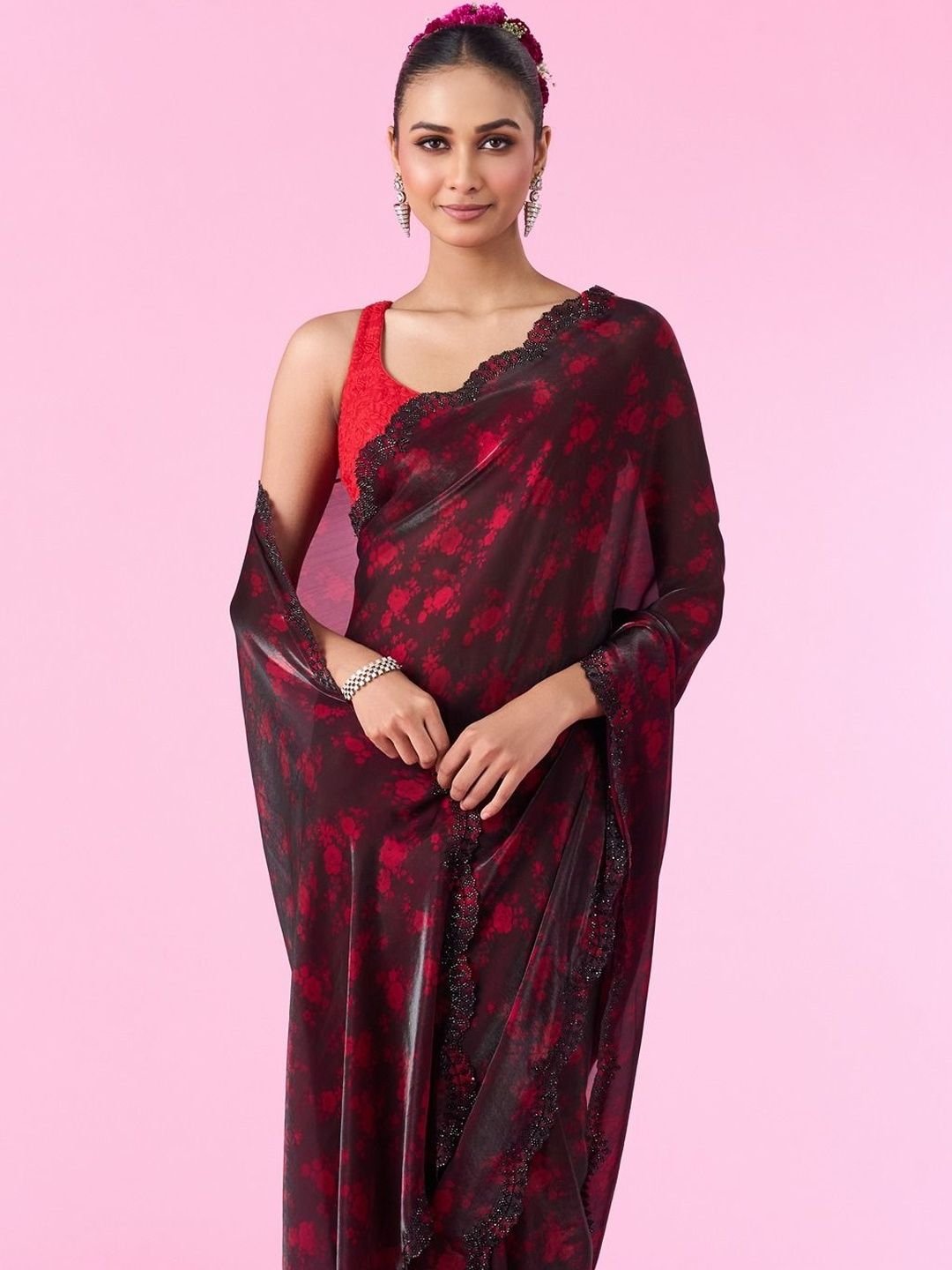 Floral Beads and Stones Organza Designer Saree - Image 2
