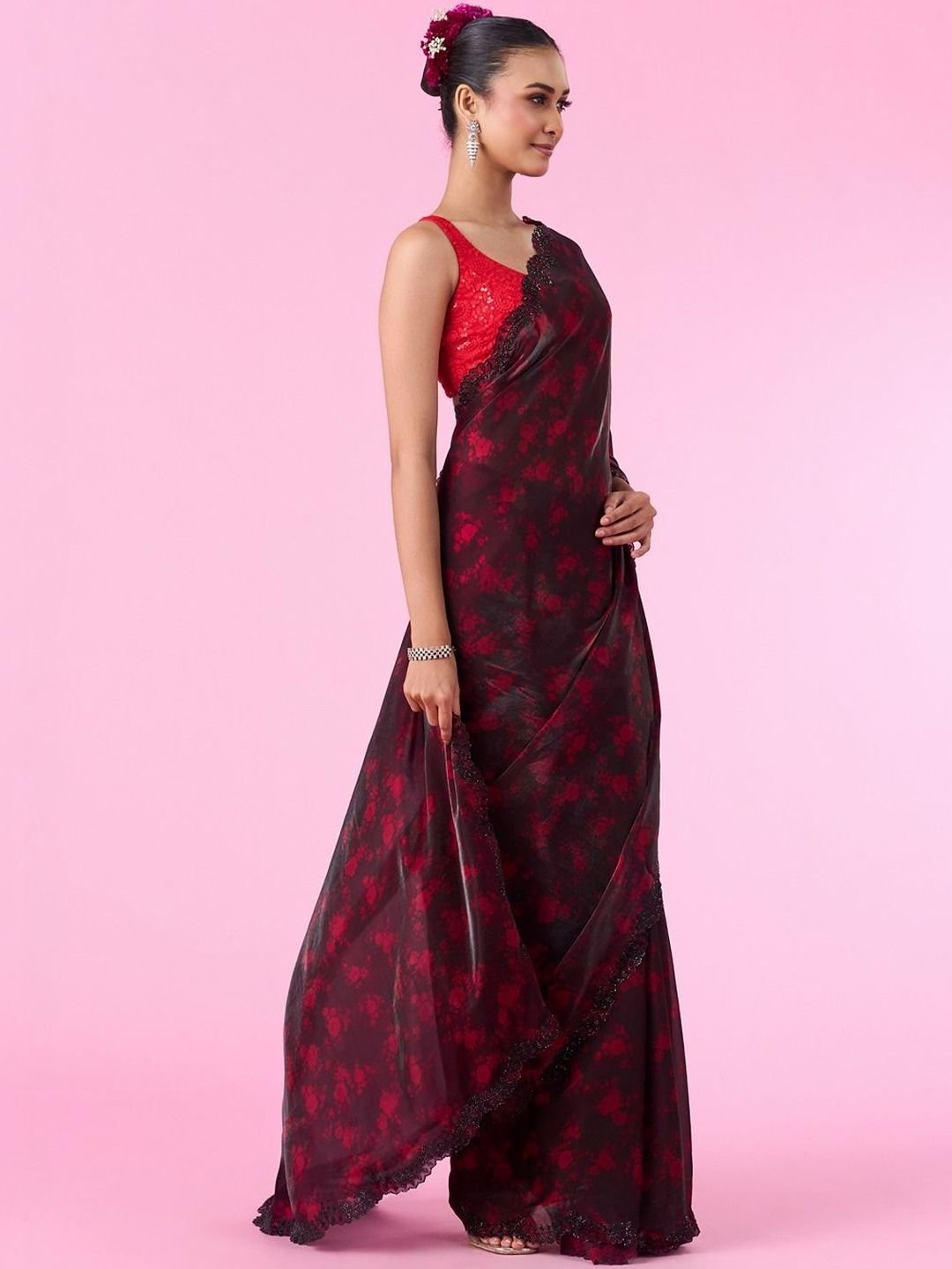 Floral Beads and Stones Organza Designer Saree - Image 3