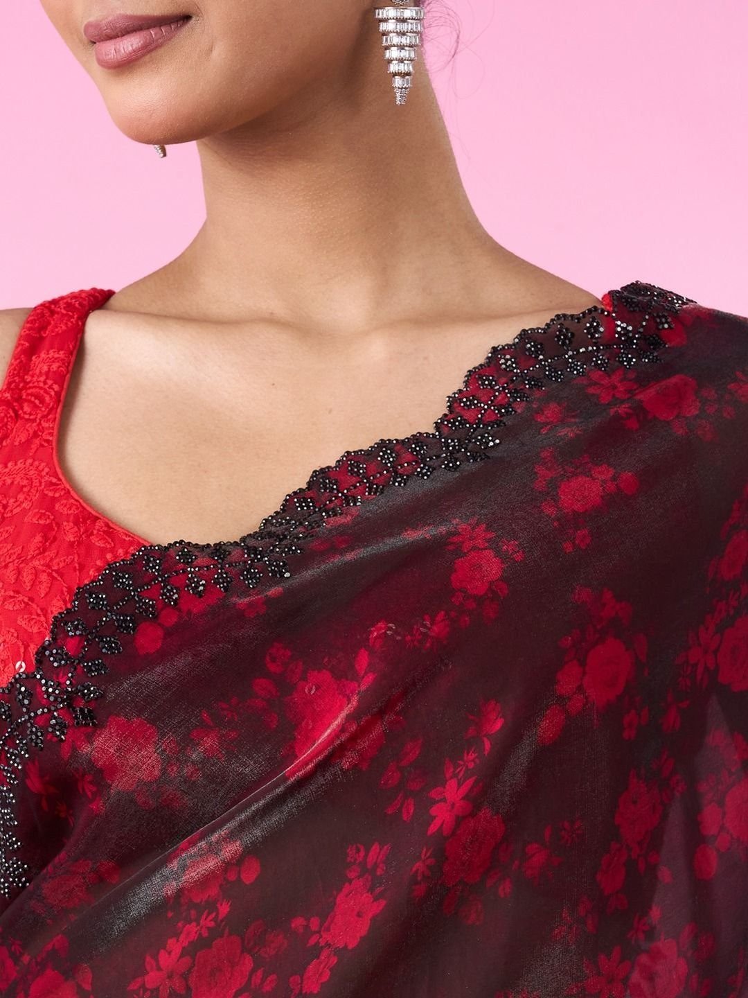Floral Beads and Stones Organza Designer Saree - Image 4