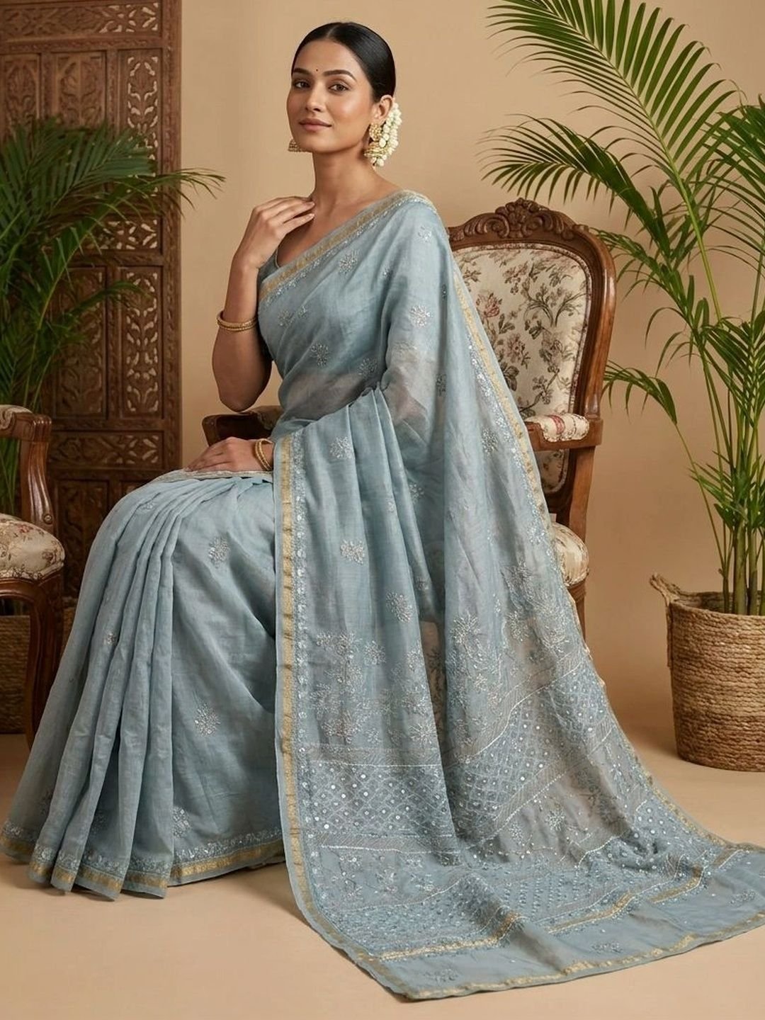 Floral Embroidered Art Silk Saree