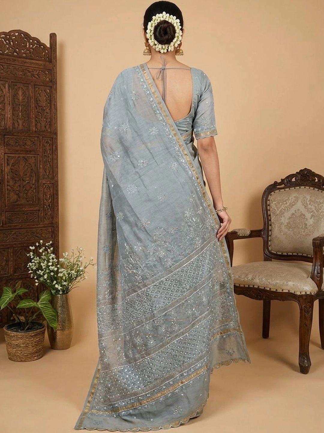 Floral Embroidered Art Silk Saree - Image 3