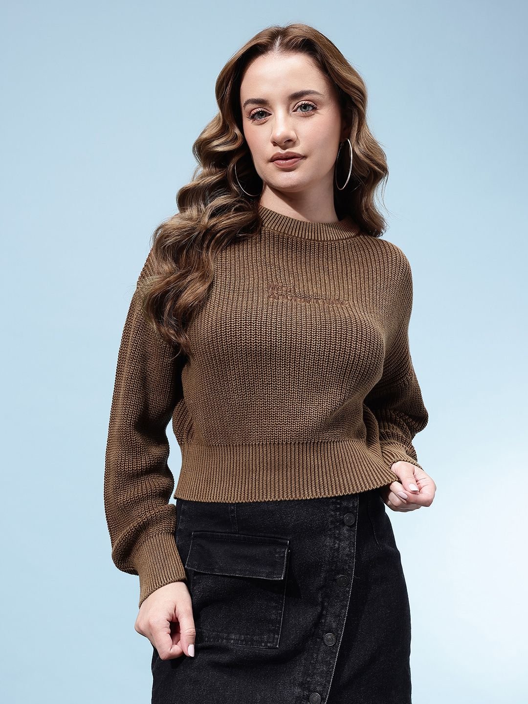 glitchez Ribbed Typography Drop Shoulder Sleeves Crop Oversized Pure Cotton Pullover - Image 3