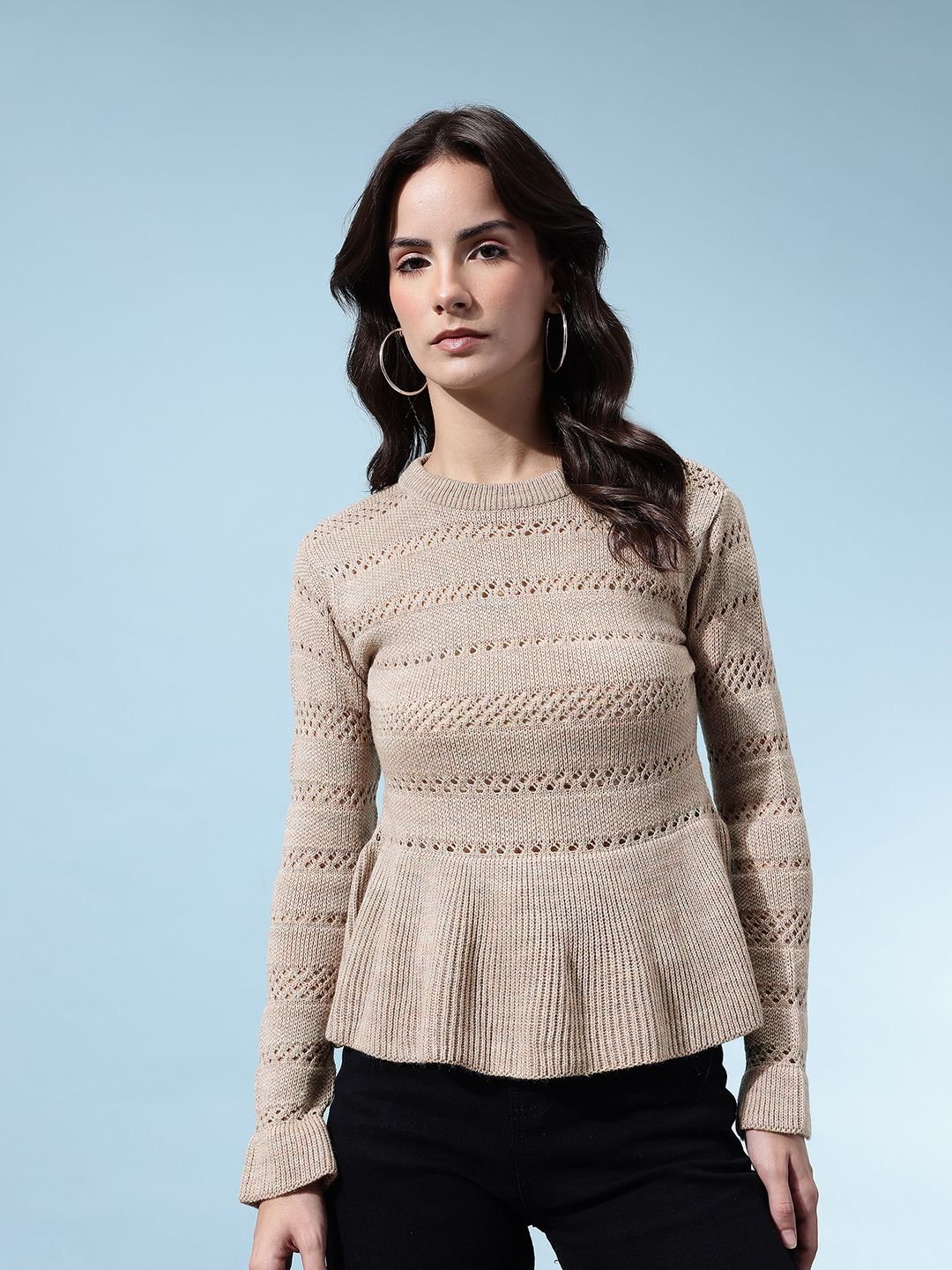 glitchez Open-Knit Acrylic Slim-Fit Peplum-Style Pullover - Image 3