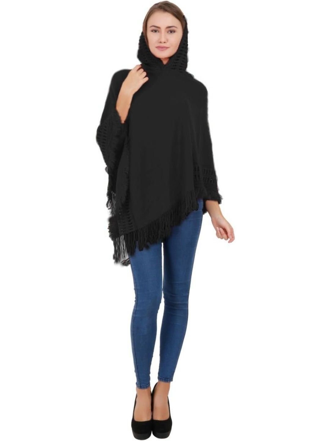 Manra Women Cable Knit Woollen Poncho with Fringed Detail