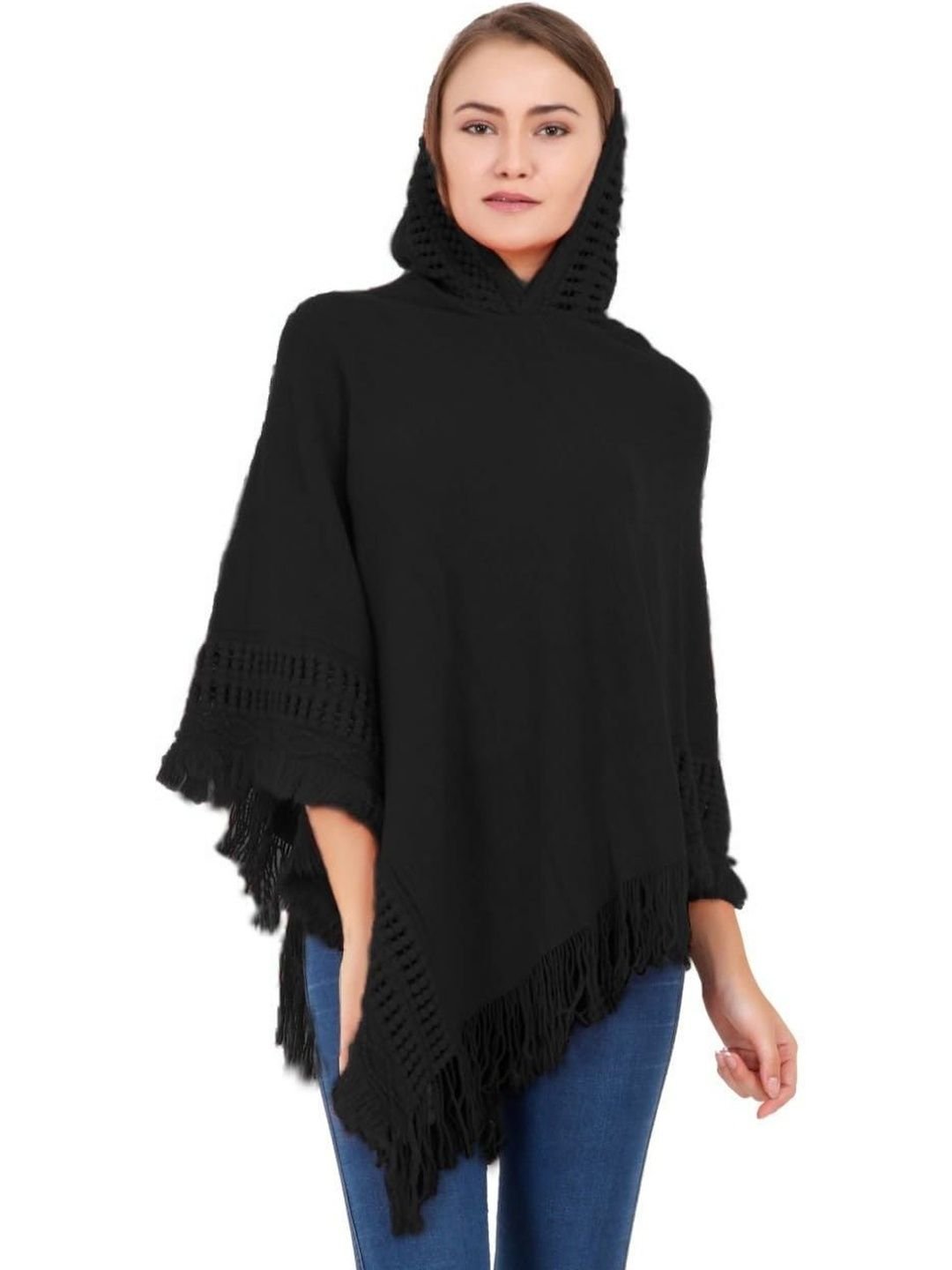 Manra Women Cable Knit Woollen Poncho with Fringed Detail - Image 2