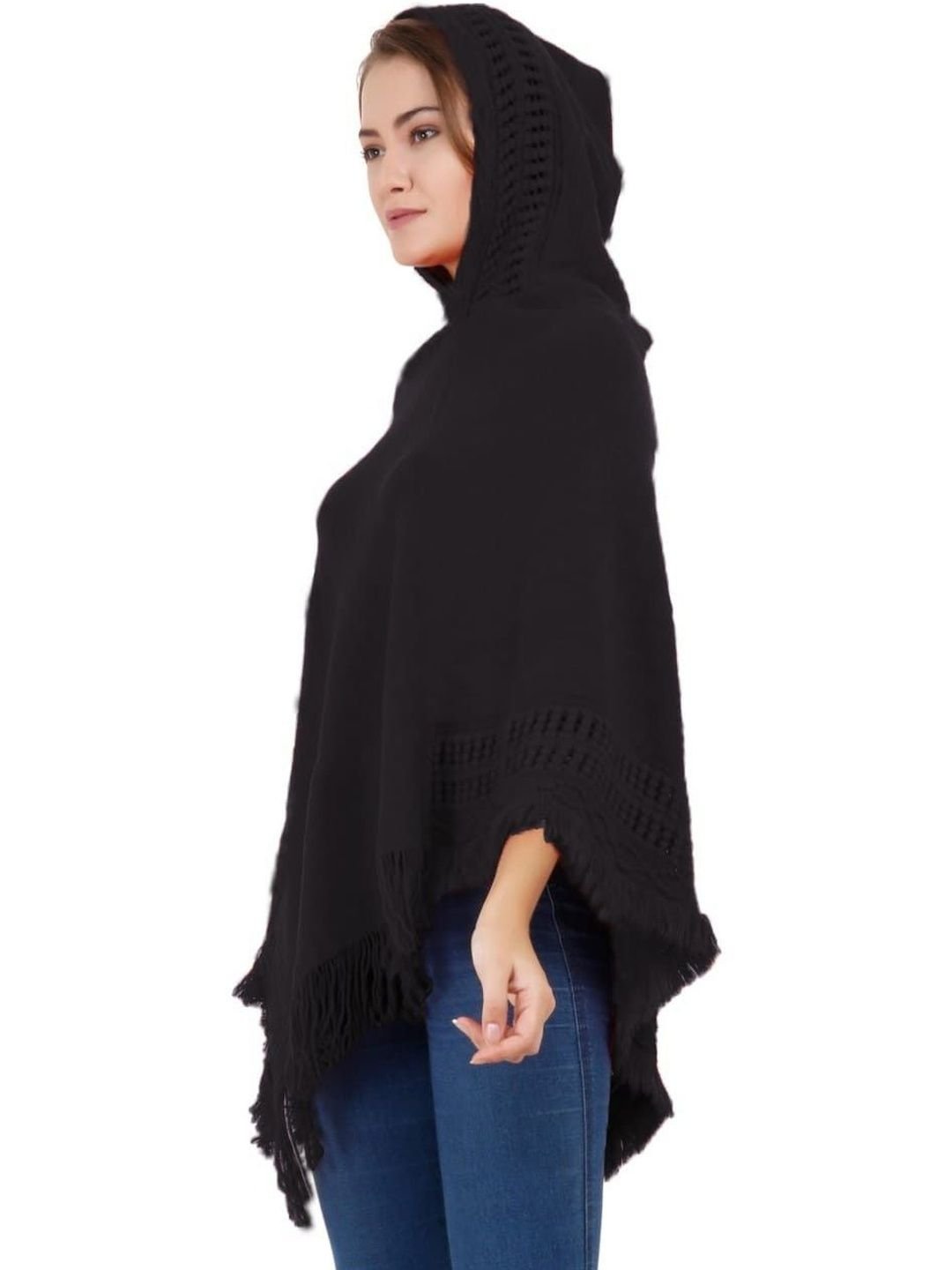 Manra Women Cable Knit Woollen Poncho with Fringed Detail - Image 3