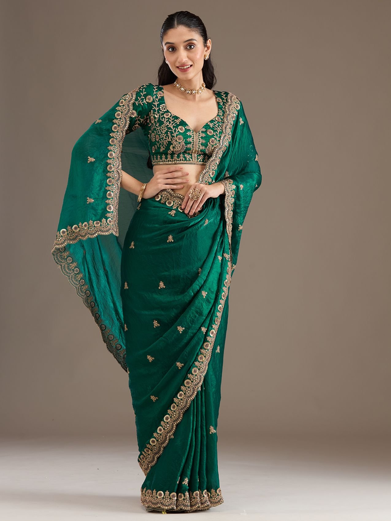 Koskii Koskii Women Cording Peacock Green Tissue Saree With Unstitched Blouse
