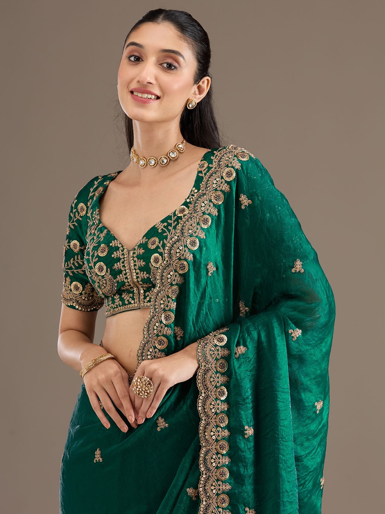 Koskii Koskii Women Cording Peacock Green Tissue Saree With Unstitched Blouse - Image 2