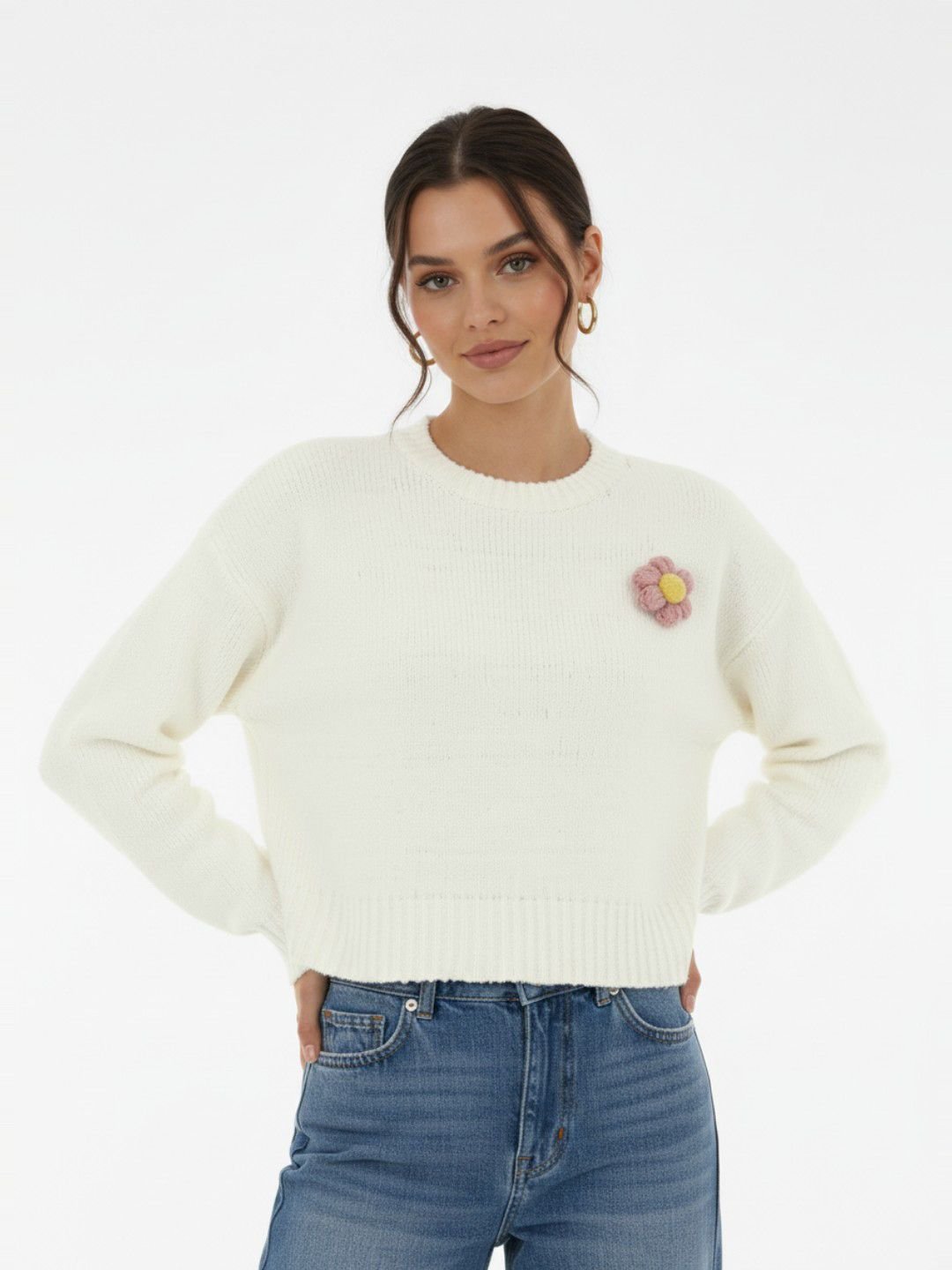 Floral Applique Detail Round Neck Oversized Pullover