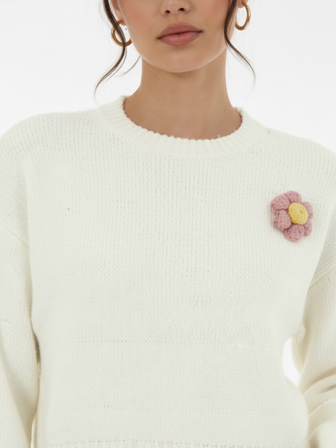 Floral Applique Detail Round Neck Oversized Pullover - Image 2