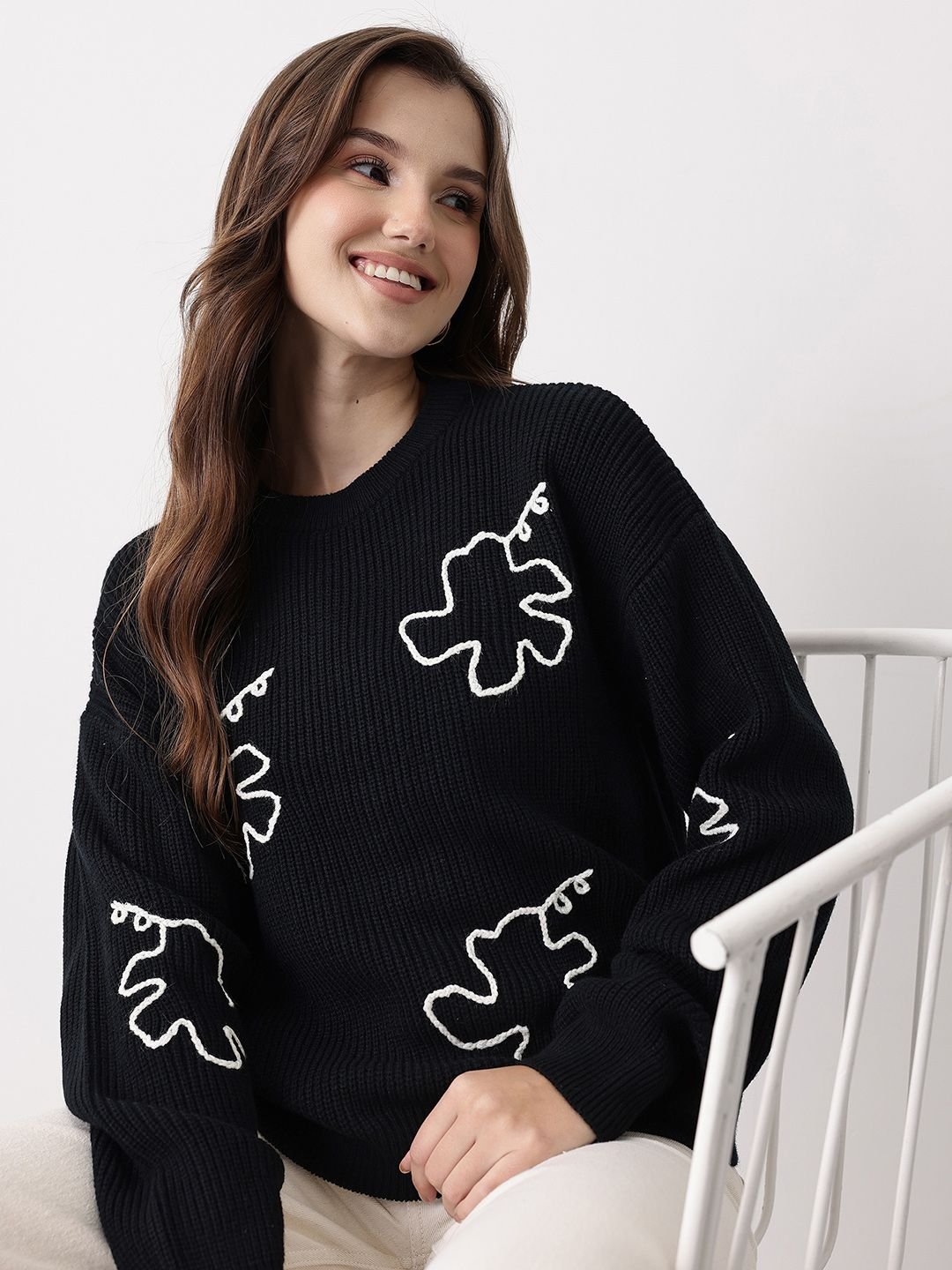 Mast & Harbour Floral Embroidered Self Design Round Neck Pullover