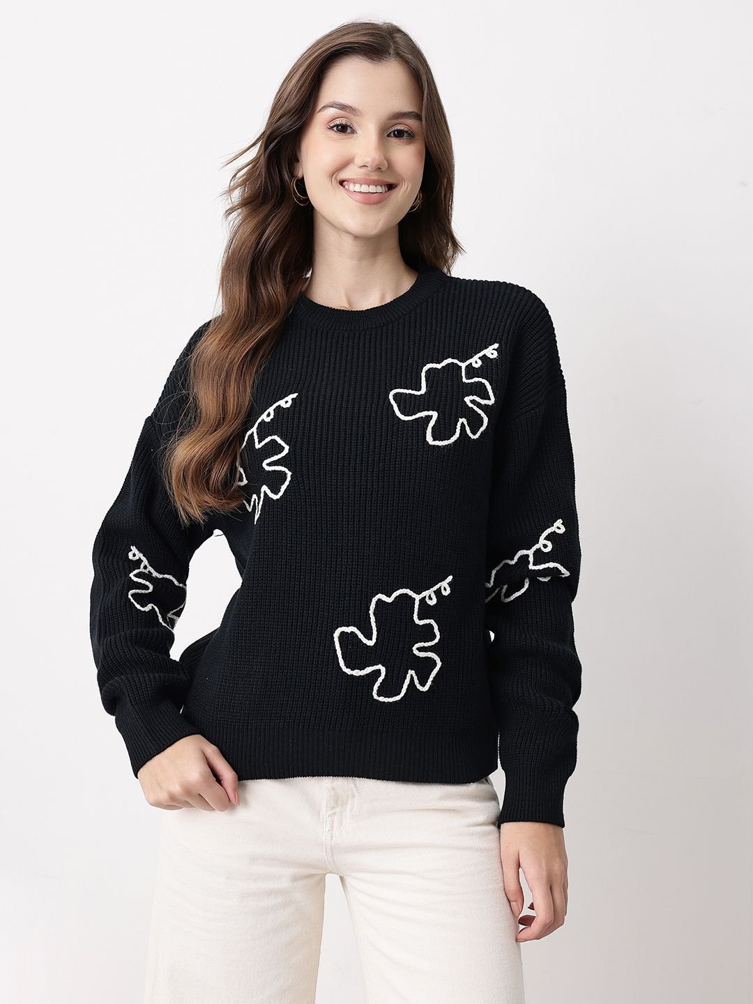 Mast & Harbour Floral Embroidered Self Design Round Neck Pullover - Image 3