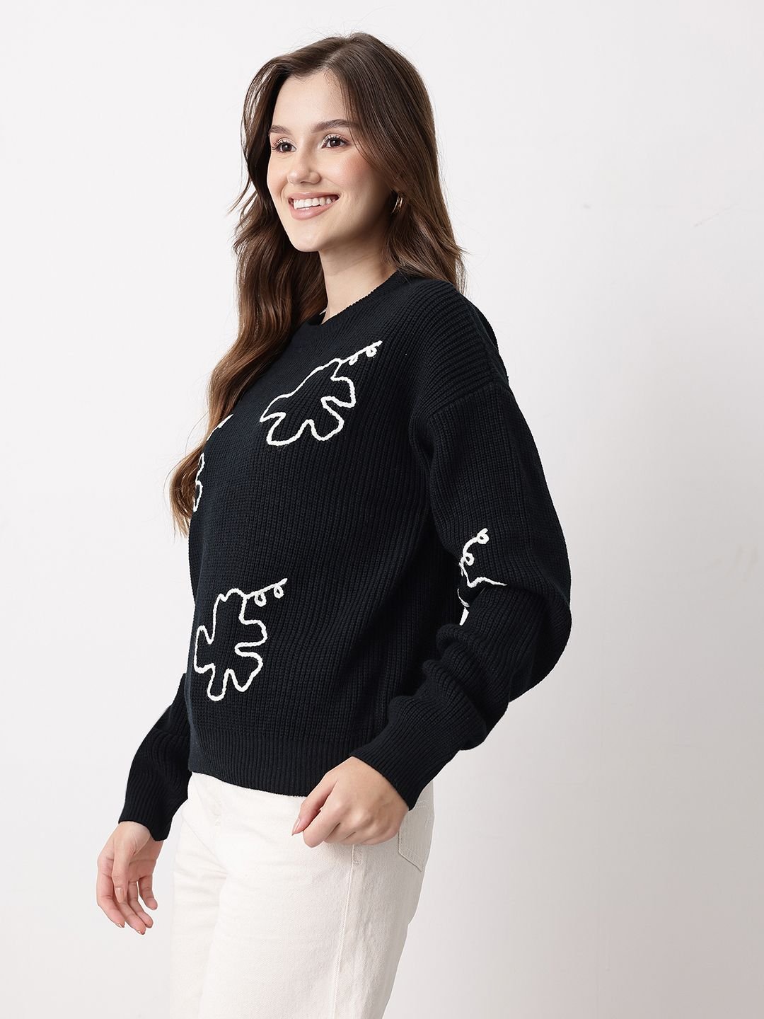 Mast & Harbour Floral Embroidered Self Design Round Neck Pullover - Image 4