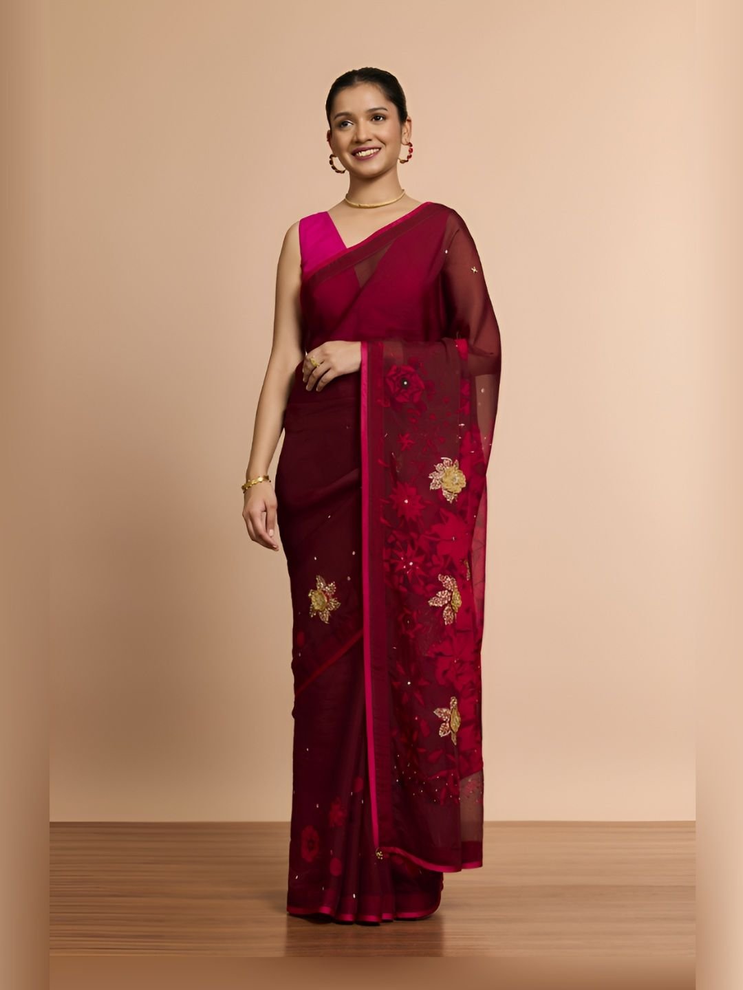 Floral Embellished Sequinned Maheshwari Saree - Image 2