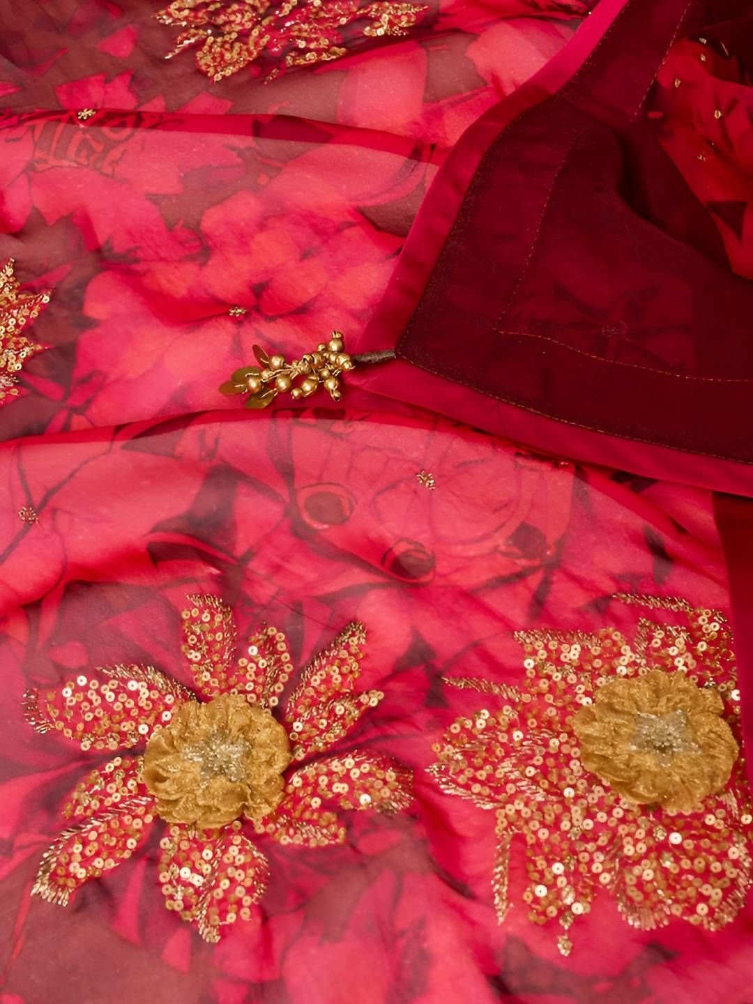 Floral Embellished Sequinned Maheshwari Saree - Image 3