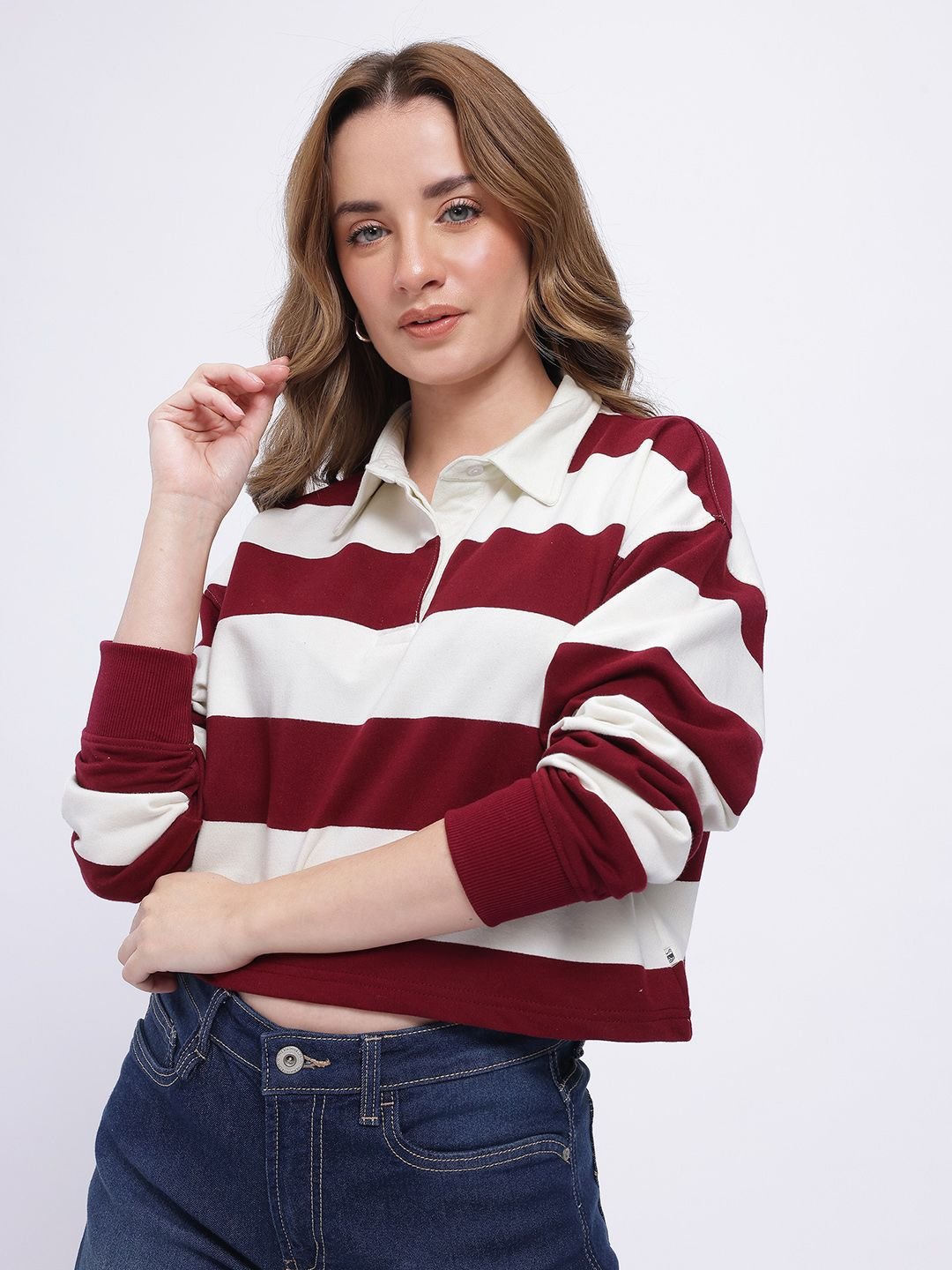 Striped Shirt Collar Drop Shoulder Sleeves Oversized Crop Pullover